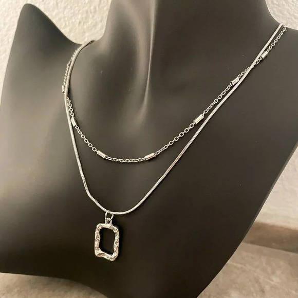 925 Sterling Silver Necklace Set Geometric Textured Square Pendant Sequin Chain - Picture 9 of 11